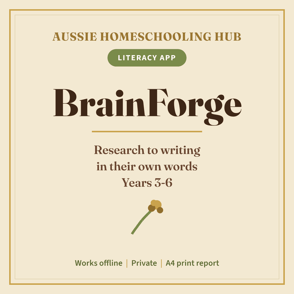 BrainForge cover: Aussie Homeschooling Hub literacy app for Years 3-6 — research to writing in their own words; private on your device, A4 print report.